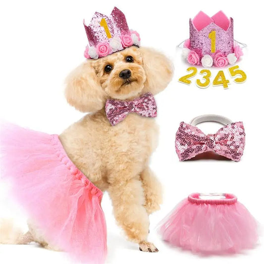 3PCS Pet Birthday Costume Set Fashion Sequin Birthday Hat With Bowtie Tutu Skirt
